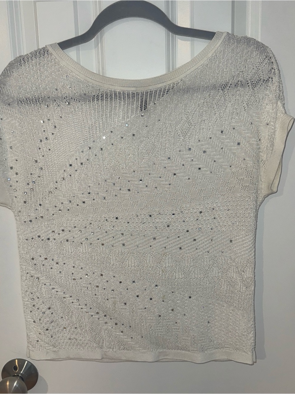 White House Black Market Ivory Short-Sleeve Knit Top with Rhinestone Accents